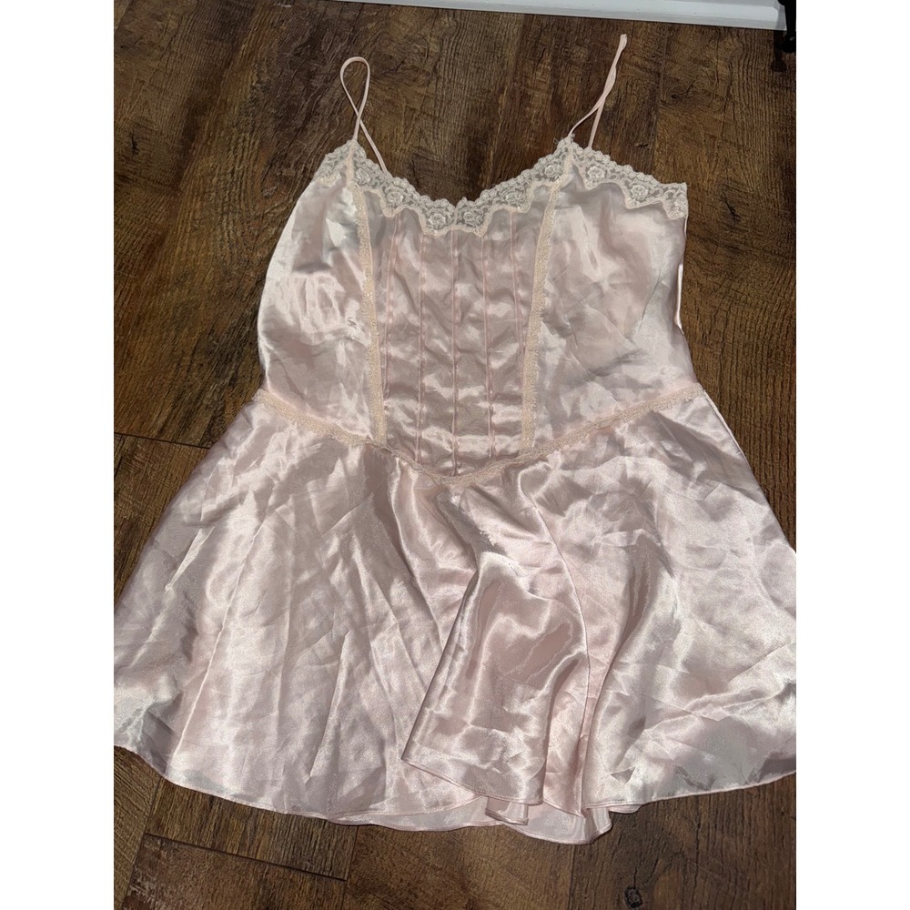 Victorias Secret Satin Lace Trim Babydoll Lingerie Slip‎ Dress Medium gold label